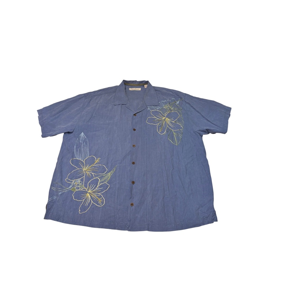 Tommy Bahama Mens XXL Blue 100% Silk Embroidered Floral Camp Shirt Button Down